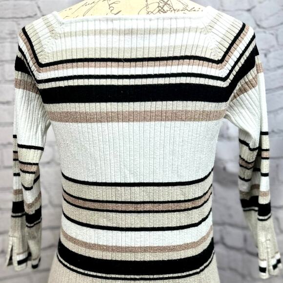 Linda Matthews Pullover Striped Sweater Black Taupe White Square Neck L - Picture 6 of 10